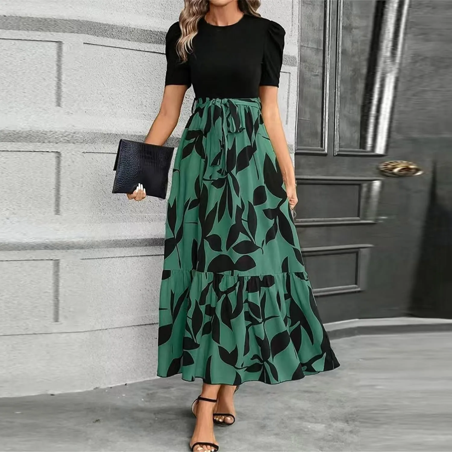 Floral Maxi Dresses for Women 2025 Summer Patchwork Pleated Hem Elegant Dress Long Boho Flowy Modest Dress with Belted