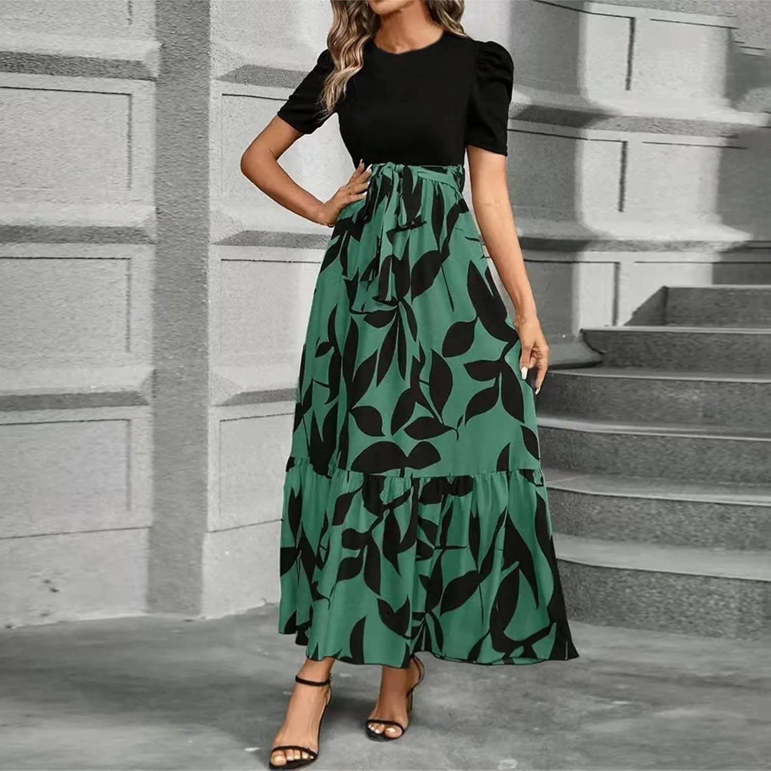 Floral Maxi Dresses for Women 2025 Summer Patchwork Pleated Hem Elegant Dress Long Boho Flowy Modest Dress with Belted
