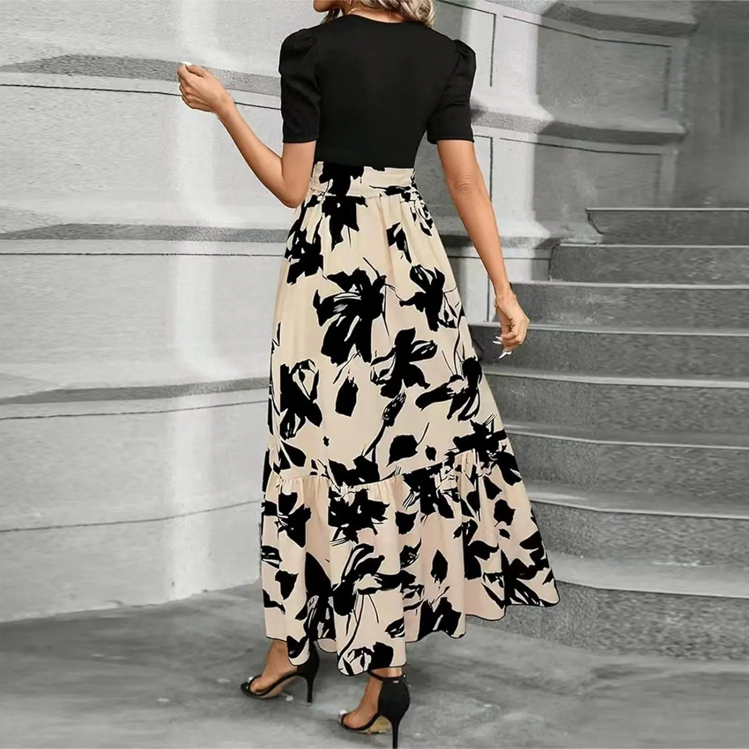 Floral Maxi Dresses for Women 2025 Summer Patchwork Pleated Hem Elegant Dress Long Boho Flowy Modest Dress with Belted