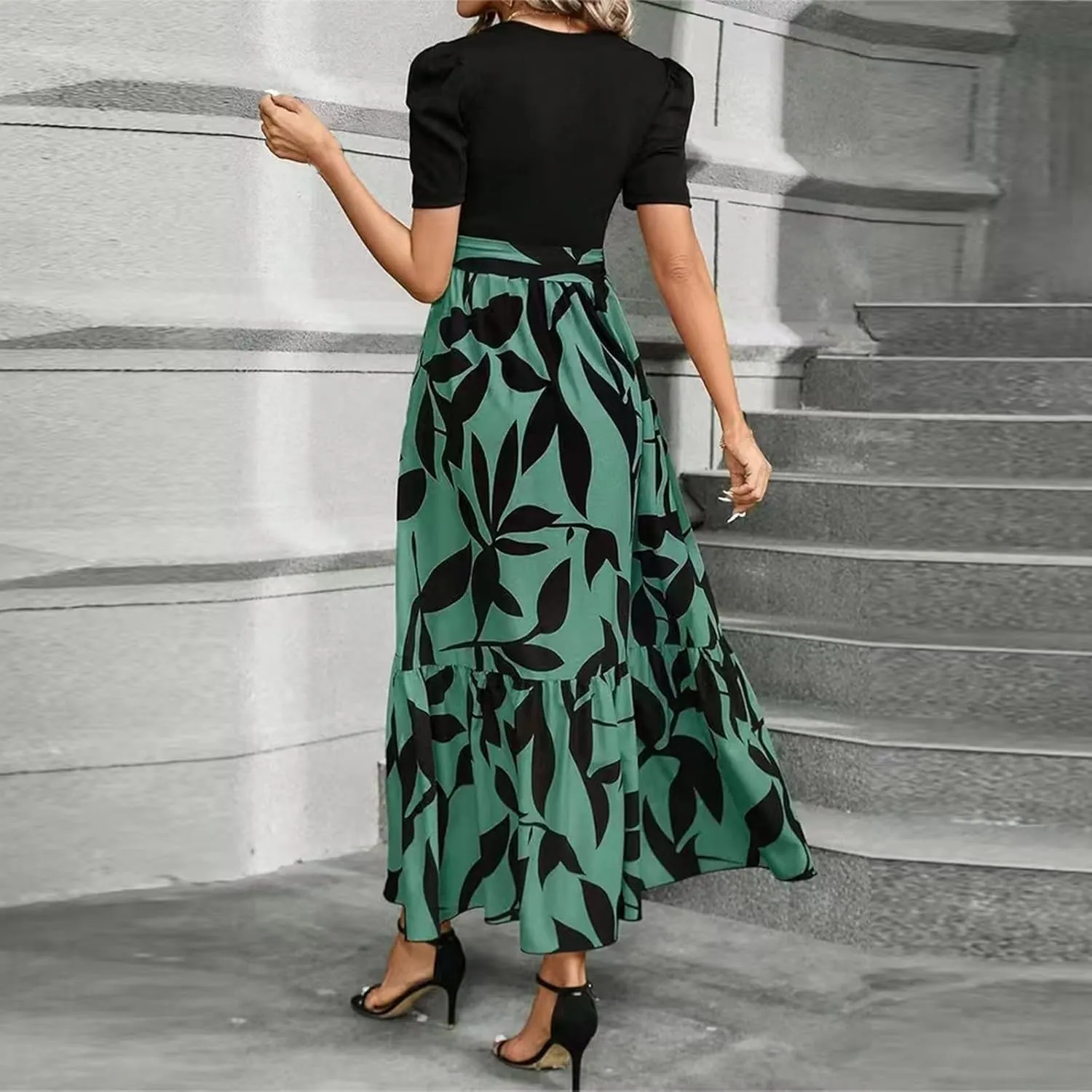 Floral Maxi Dresses for Women 2025 Summer Patchwork Pleated Hem Elegant Dress Long Boho Flowy Modest Dress with Belted
