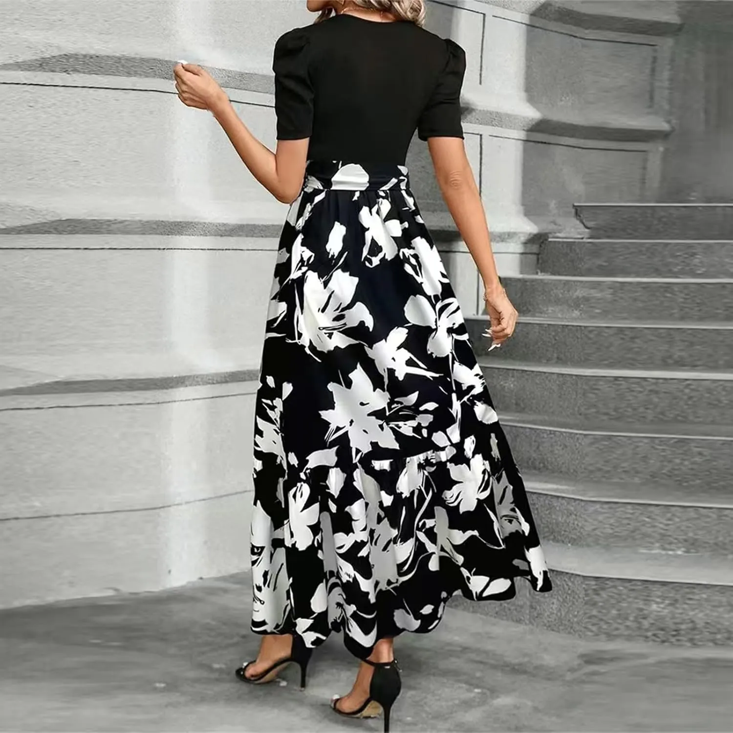 Floral Maxi Dresses for Women 2025 Summer Patchwork Pleated Hem Elegant Dress Long Boho Flowy Modest Dress with Belted