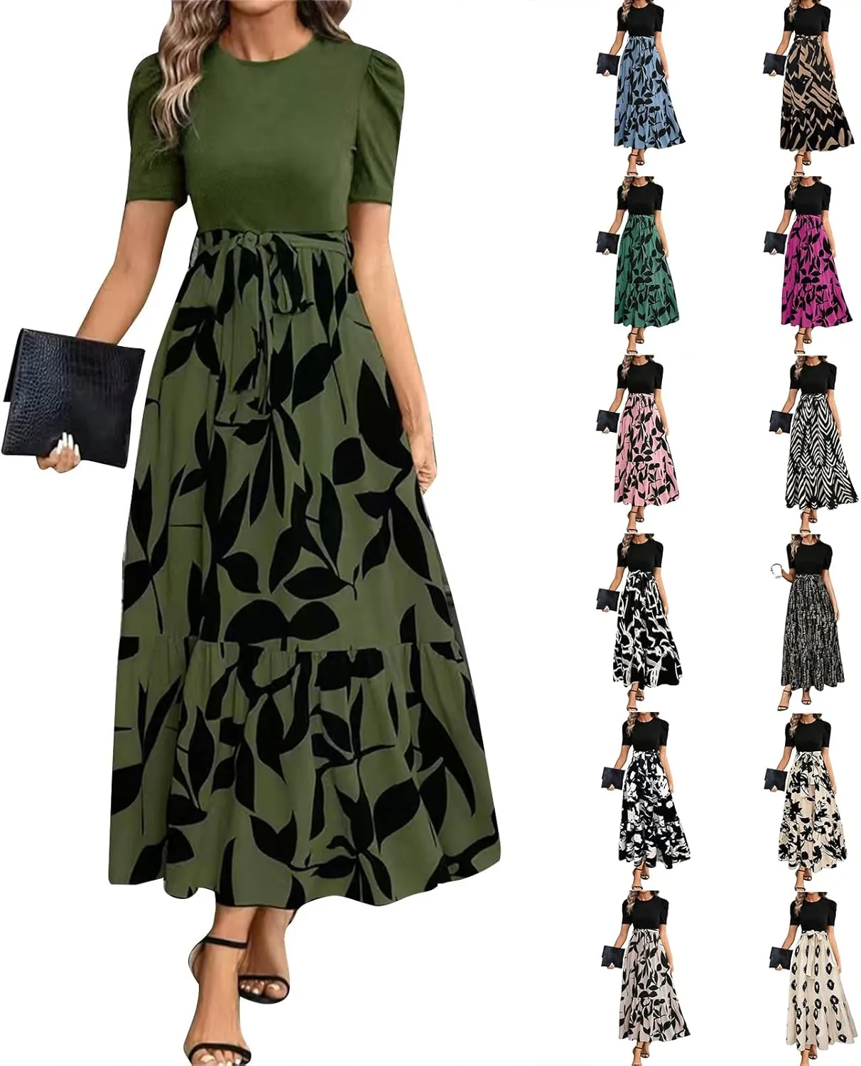 Floral Maxi Dresses for Women 2025 Summer Patchwork Pleated Hem Elegant Dress Long Boho Flowy Modest Dress with Belted