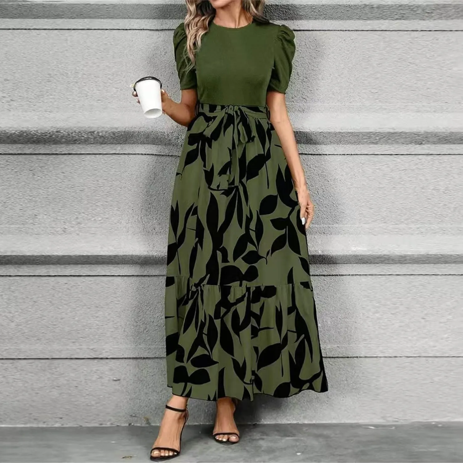 Floral Maxi Dresses for Women 2025 Summer Patchwork Pleated Hem Elegant Dress Long Boho Flowy Modest Dress with Belted