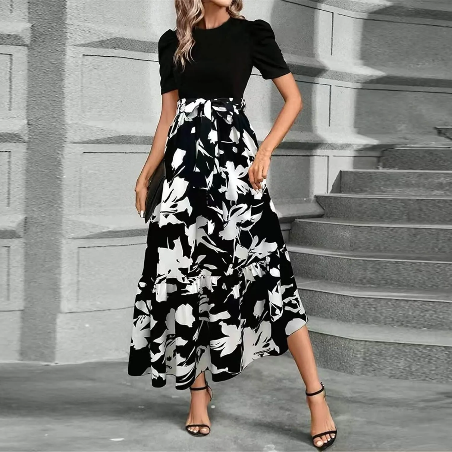 Floral Maxi Dresses for Women 2025 Summer Patchwork Pleated Hem Elegant Dress Long Boho Flowy Modest Dress with Belted