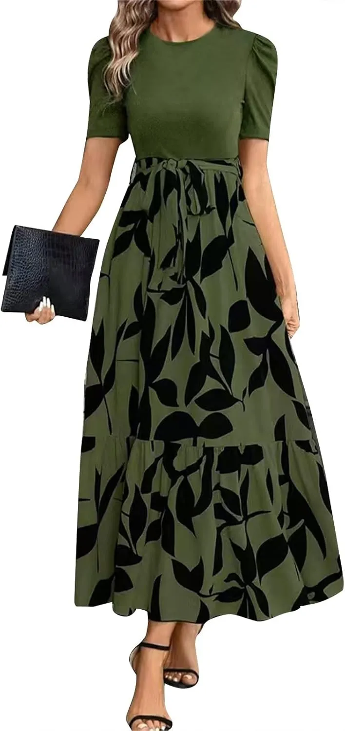 Floral Maxi Dresses for Women 2025 Summer Patchwork Pleated Hem Elegant Dress Long Boho Flowy Modest Dress with Belted