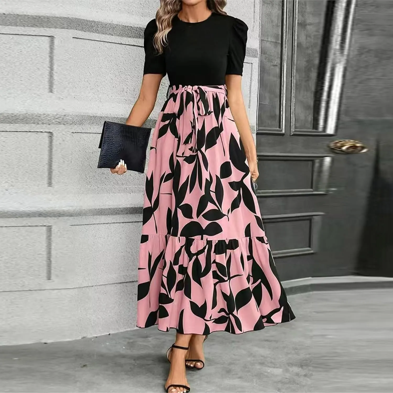 Floral Maxi Dresses for Women 2025 Summer Patchwork Pleated Hem Elegant Dress Long Boho Flowy Modest Dress with Belted