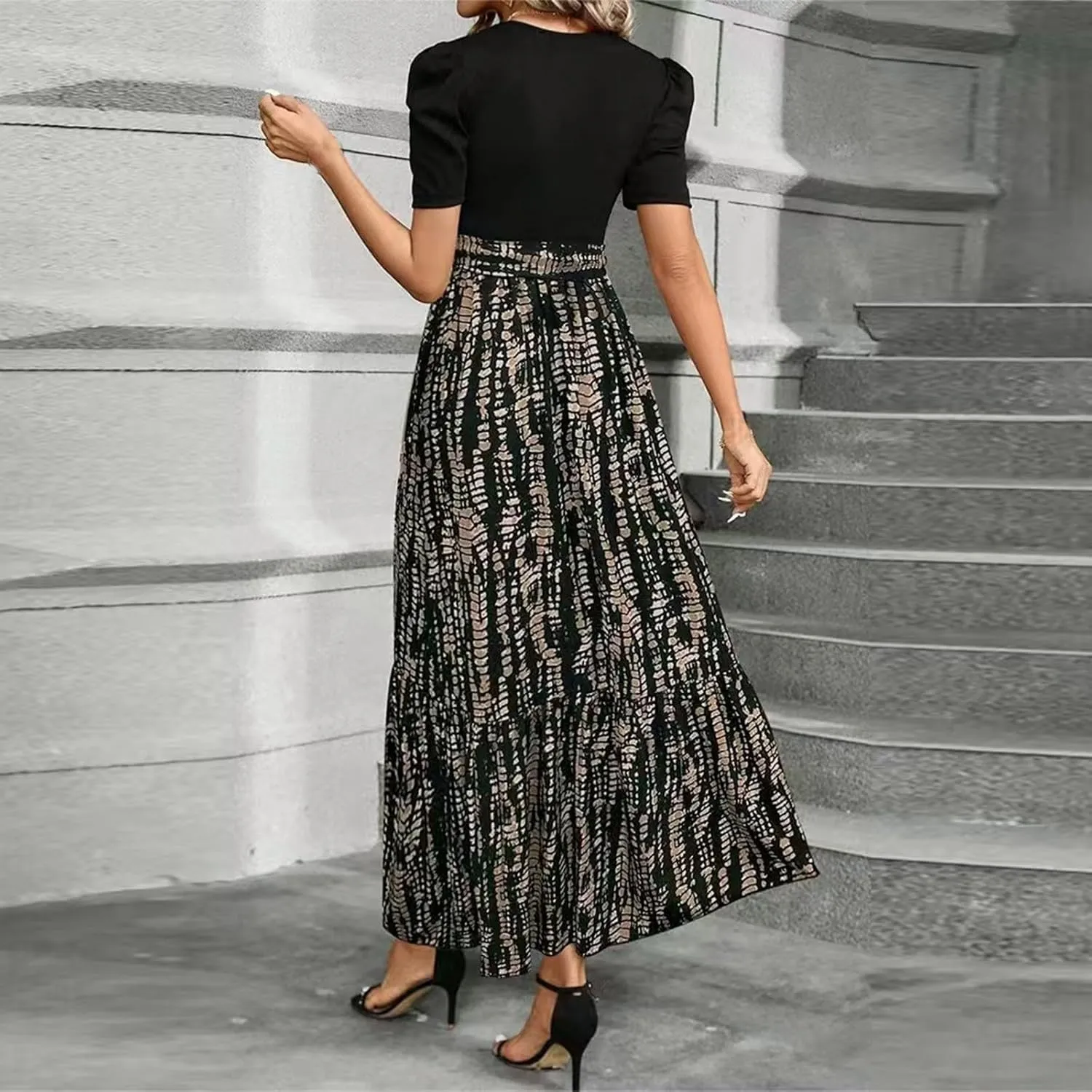 Floral Maxi Dresses for Women 2025 Summer Patchwork Pleated Hem Elegant Dress Long Boho Flowy Modest Dress with Belted