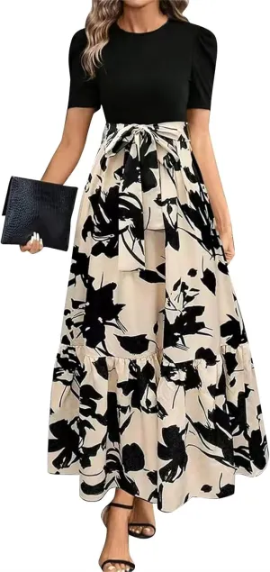Floral Maxi Dresses for Women 2025 Summer Patchwork Pleated Hem Elegant Dress Long Boho Flowy Modest Dress with Belted