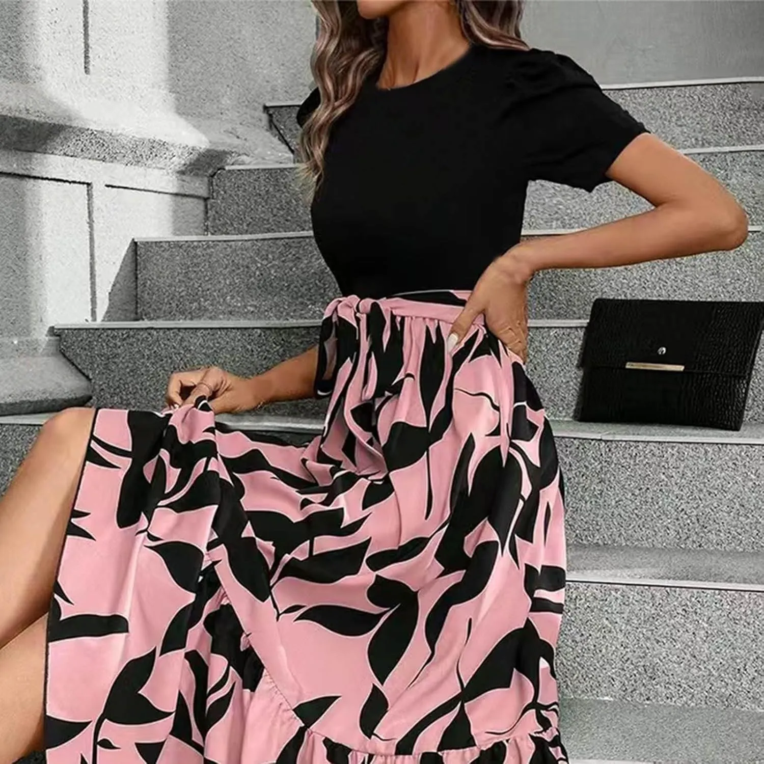 Floral Maxi Dresses for Women 2025 Summer Patchwork Pleated Hem Elegant Dress Long Boho Flowy Modest Dress with Belted