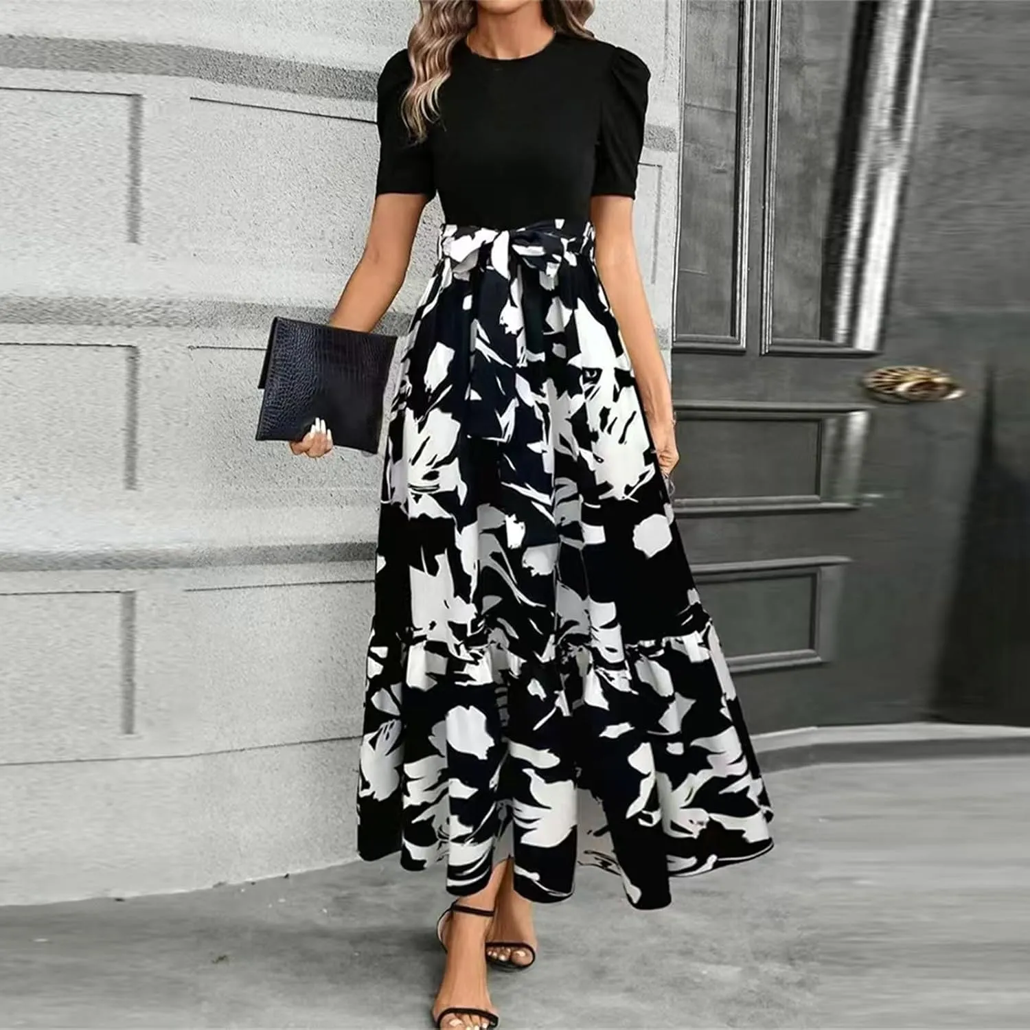 Floral Maxi Dresses for Women 2025 Summer Patchwork Pleated Hem Elegant Dress Long Boho Flowy Modest Dress with Belted