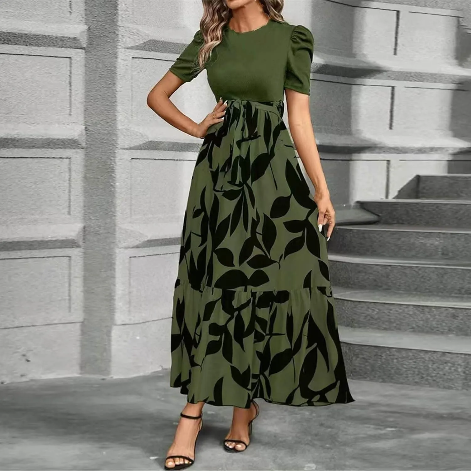 Floral Maxi Dresses for Women 2025 Summer Patchwork Pleated Hem Elegant Dress Long Boho Flowy Modest Dress with Belted
