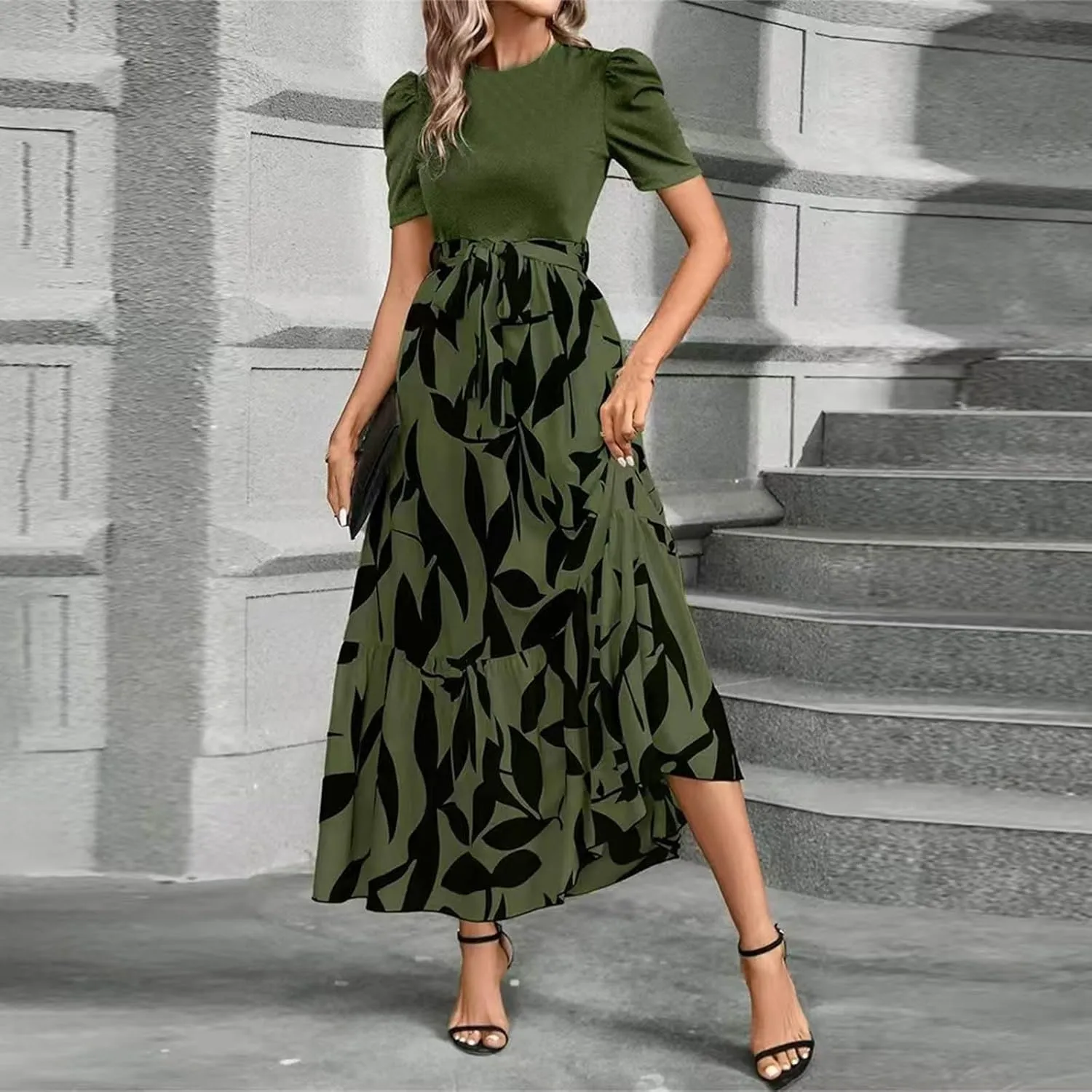 Floral Maxi Dresses for Women 2025 Summer Patchwork Pleated Hem Elegant Dress Long Boho Flowy Modest Dress with Belted