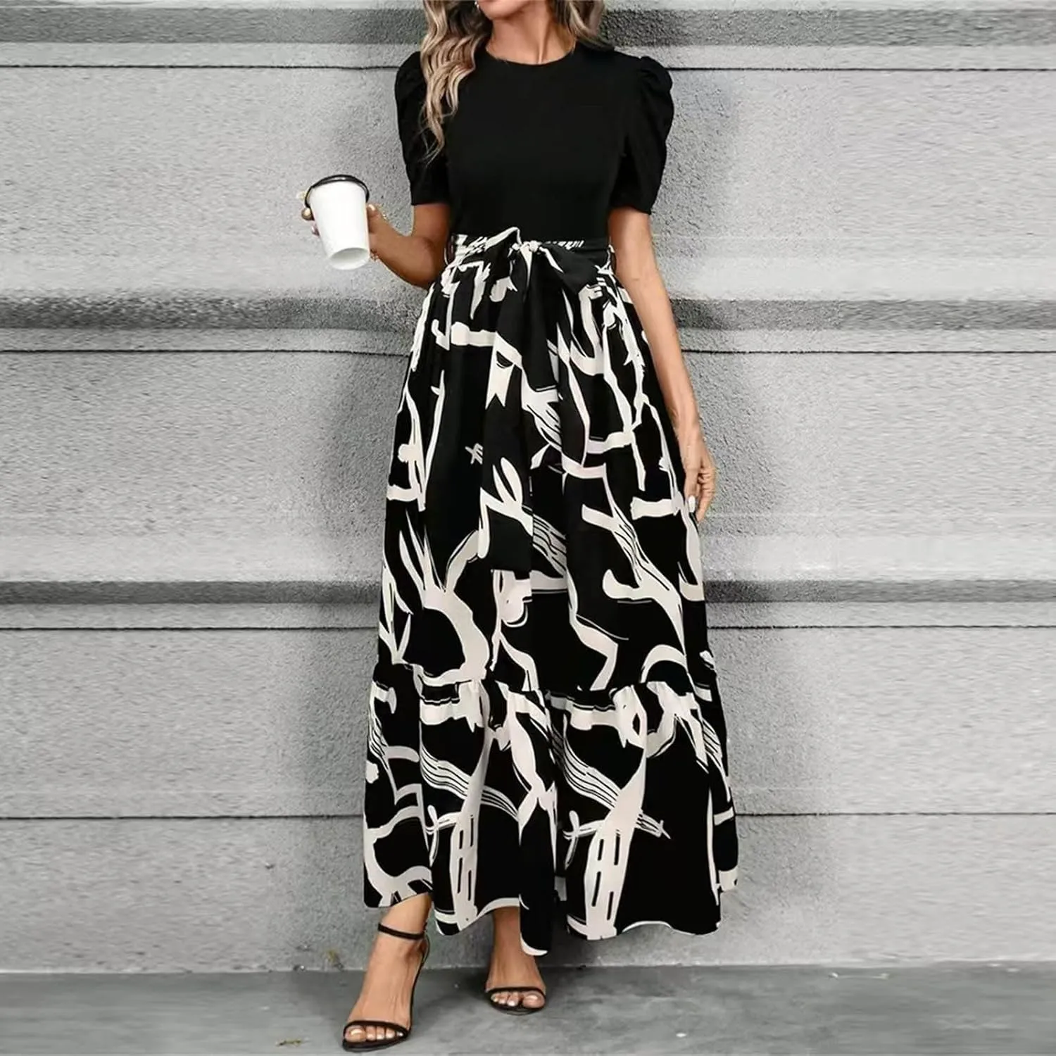 Floral Maxi Dresses for Women 2025 Summer Patchwork Pleated Hem Elegant Dress Long Boho Flowy Modest Dress with Belted