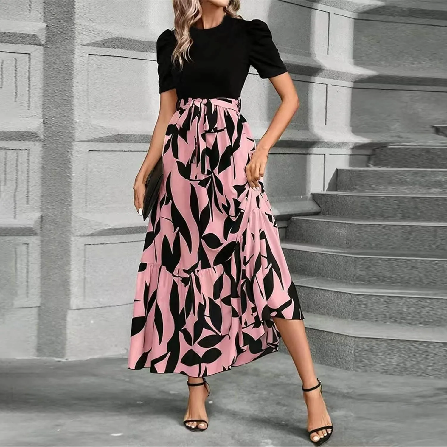 Floral Maxi Dresses for Women 2025 Summer Patchwork Pleated Hem Elegant Dress Long Boho Flowy Modest Dress with Belted