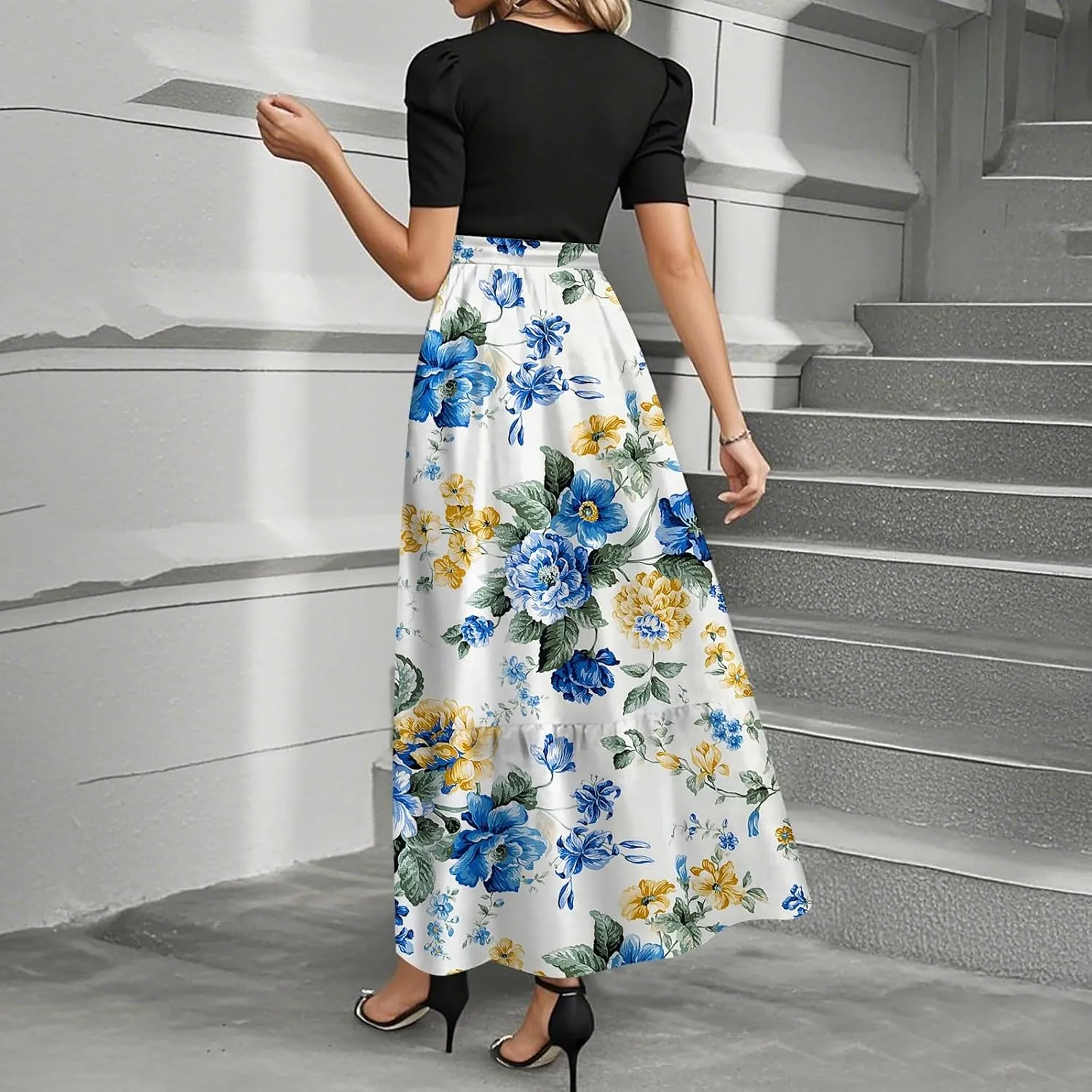 Floral Maxi Dresses for Women Long Flowy Swing Empire Waist Dress Elegant Patchwork Ruffle Tiered Modest Church Dress