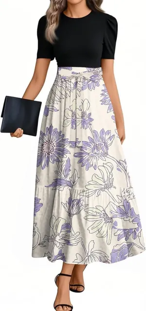 Floral Maxi Dresses for Women Long Flowy Swing Empire Waist Dress Elegant Patchwork Ruffle Tiered Modest Church Dress