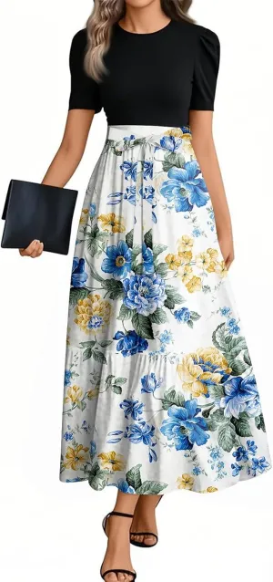 Floral Maxi Dresses for Women Long Flowy Swing Empire Waist Dress Elegant Patchwork Ruffle Tiered Modest Church Dress
