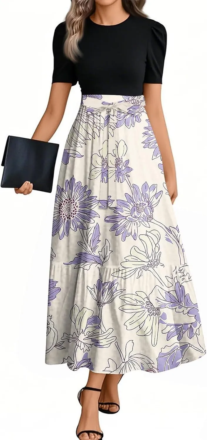 Floral Maxi Dresses for Women Long Flowy Swing Empire Waist Dress Elegant Patchwork Ruffle Tiered Modest Church Dress