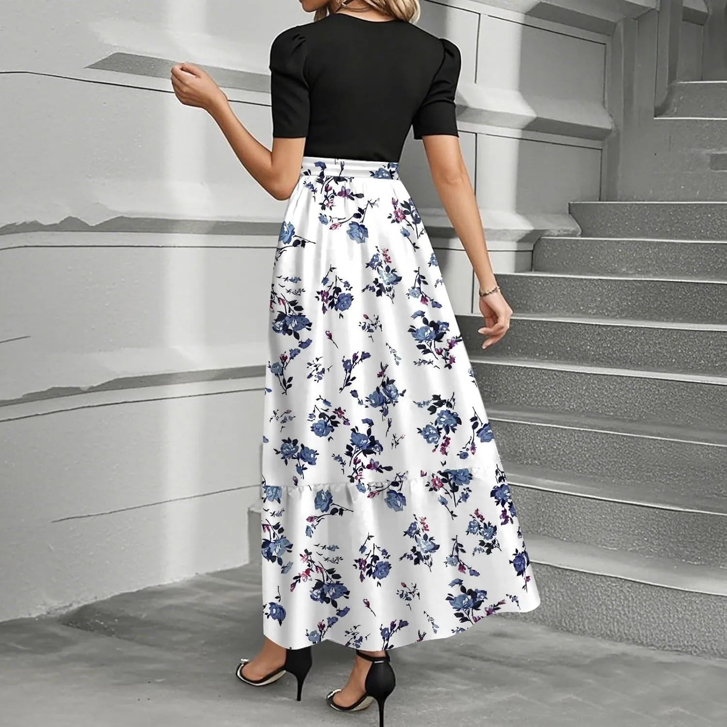 Floral Maxi Dresses for Women Long Flowy Swing Empire Waist Dress Elegant Patchwork Ruffle Tiered Modest Church Dress