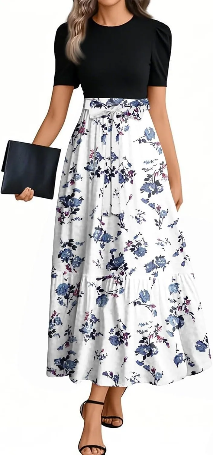 Floral Maxi Dresses for Women Long Flowy Swing Empire Waist Dress Elegant Patchwork Ruffle Tiered Modest Church Dress