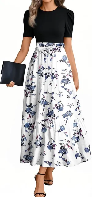 Floral Maxi Dresses for Women Long Flowy Swing Empire Waist Dress Elegant Patchwork Ruffle Tiered Modest Church Dress