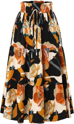 Floral Maxi Skirt for Women Elastic High Waist Pleated Skirts A-line Vacation Long Skirts Casual Party Holiday Skirt