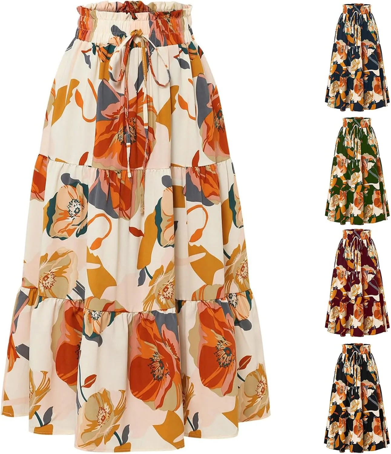 Floral Maxi Skirt for Women Elastic High Waist Pleated Skirts A-line Vacation Long Skirts Casual Party Holiday Skirt