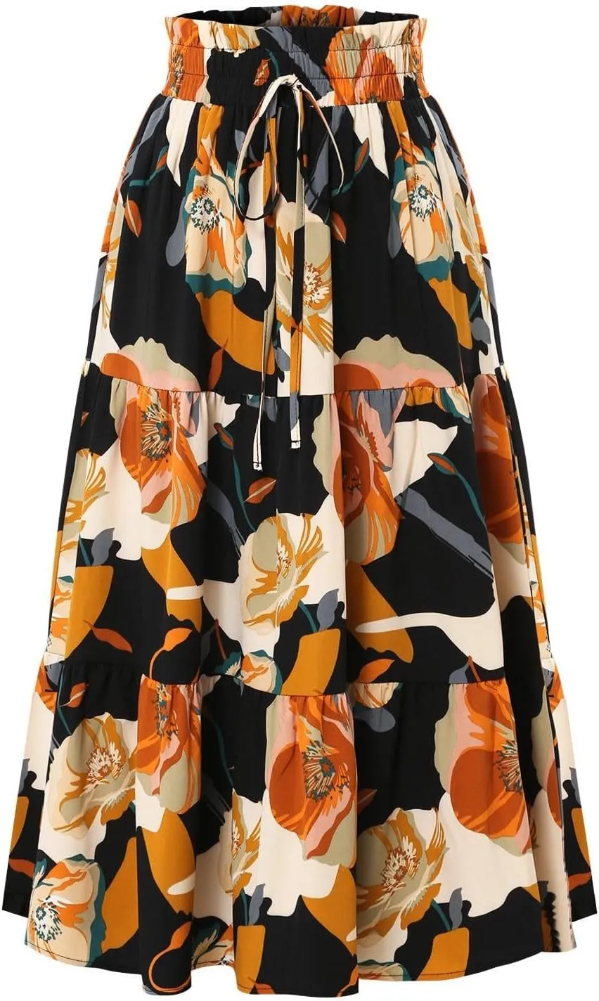 Floral Maxi Skirt for Women Elastic High Waist Pleated Skirts A-line Vacation Long Skirts Casual Party Holiday Skirt