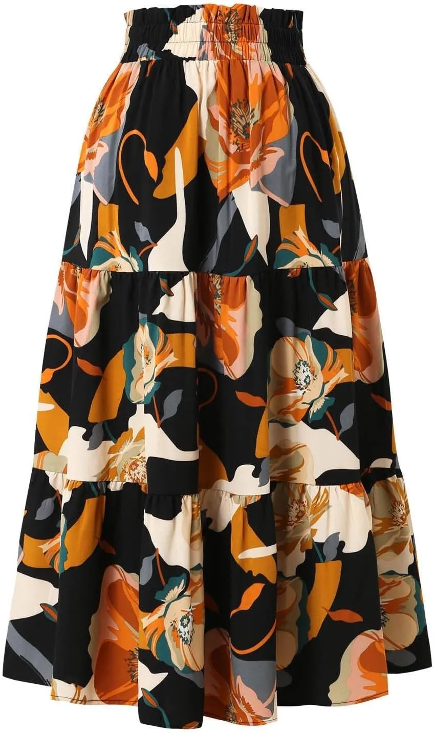 Floral Maxi Skirt for Women Elastic High Waist Pleated Skirts A-line Vacation Long Skirts Casual Party Holiday Skirt