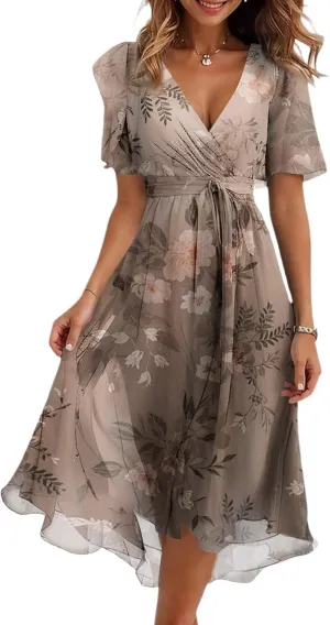 Floral Midi Cocktail Dresses for Women 2025 Elegant Classy Summer Casual Flowy Sexy Deep V Neck Belted Wrap Dress