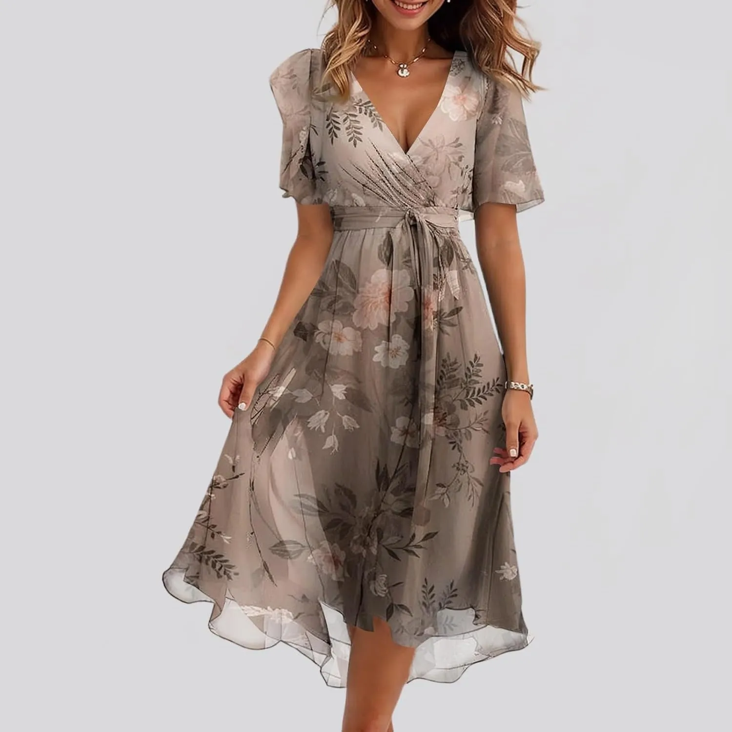 Floral Midi Cocktail Dresses for Women 2025 Elegant Classy Summer Casual Flowy Sexy Deep V Neck Belted Wrap Dress