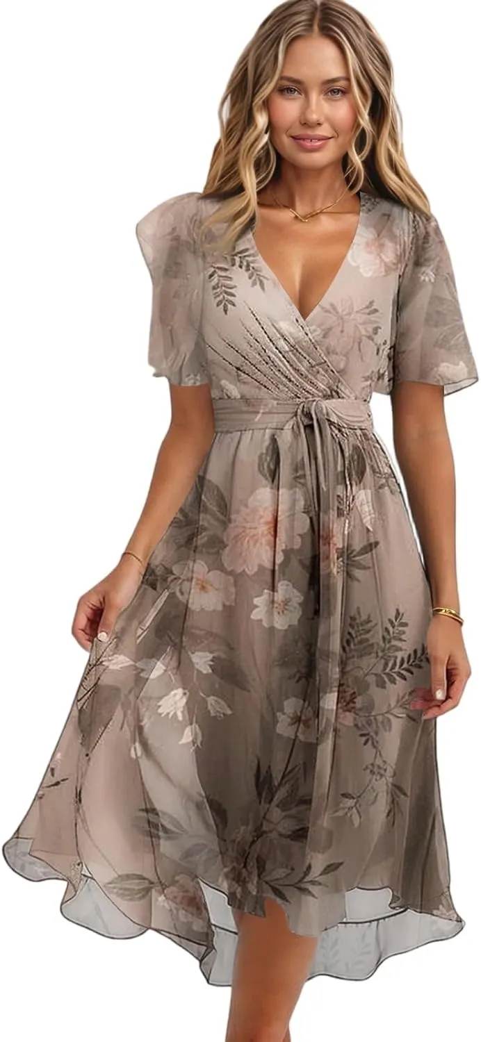 Floral Midi Cocktail Dresses for Women 2025 Elegant Classy Summer Casual Flowy Sexy Deep V Neck Belted Wrap Dress