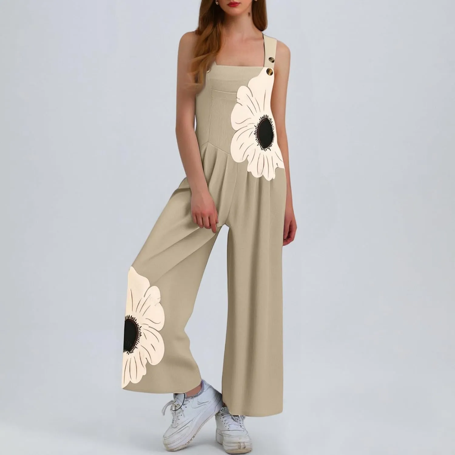 Floral Overalls for Women Casual Sleeveless Wide Leg Button Romper Bohemian Trendy Comfy Jumpsuit with Pocket