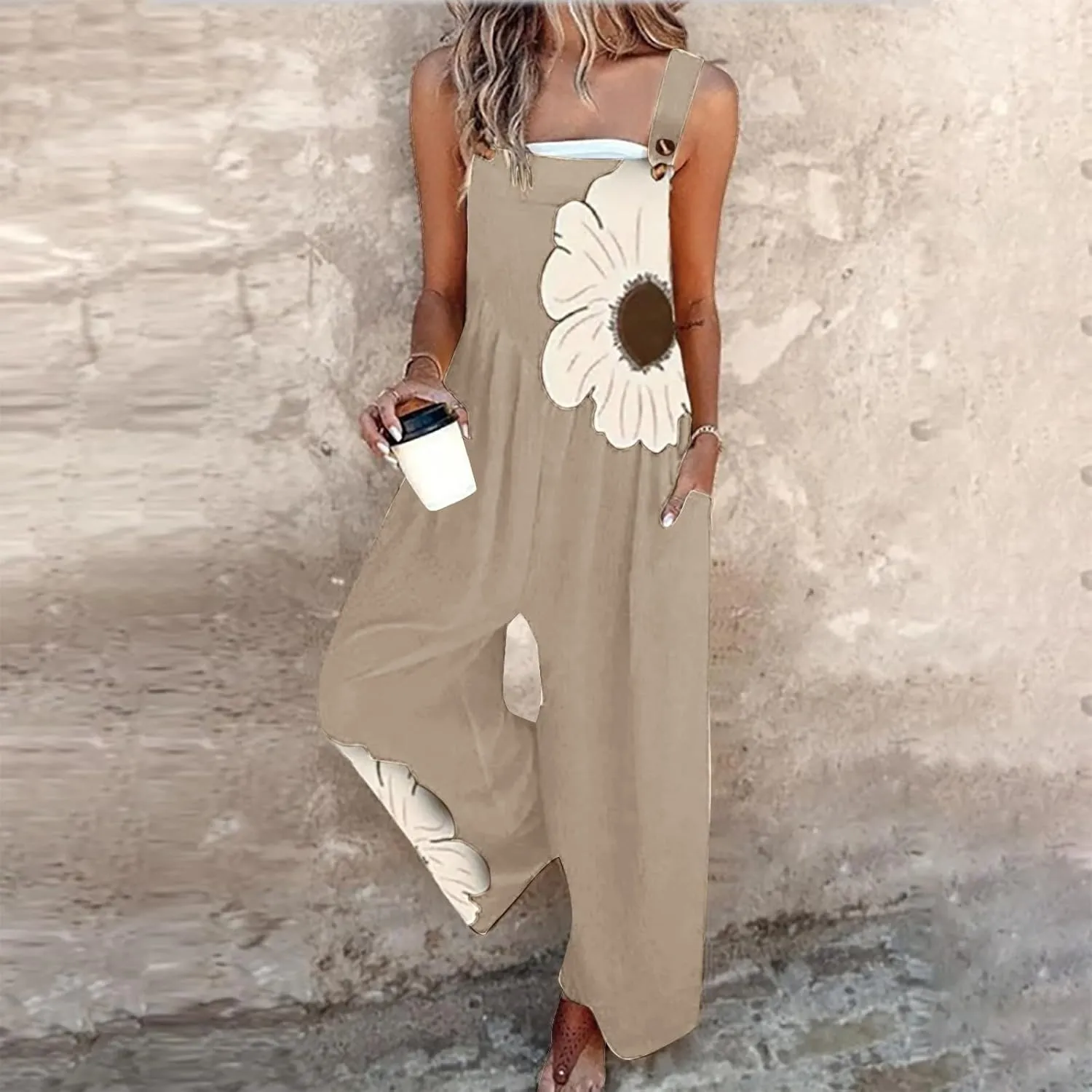 Floral Overalls for Women Casual Sleeveless Wide Leg Button Romper Bohemian Trendy Comfy Jumpsuit with Pocket