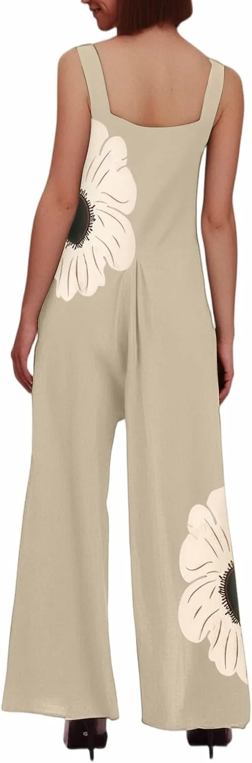 Floral Overalls for Women Casual Sleeveless Wide Leg Button Romper Bohemian Trendy Comfy Jumpsuit with Pocket