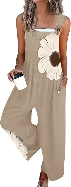 Floral Overalls for Women Casual Sleeveless Wide Leg Button Romper Bohemian Trendy Comfy Jumpsuit with Pocket