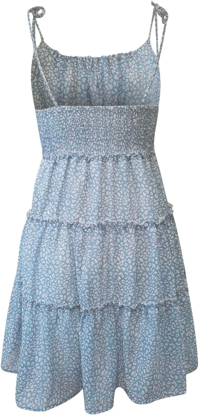 Floral Sun Dresses for Women 2025 Summer Ruffle Tiered Flowy Mini Dress Sleeveless Spaghetti Straps Boho Beach Dress