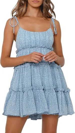 Floral Sun Dresses for Women 2025 Summer Ruffle Tiered Flowy Mini Dress Sleeveless Spaghetti Straps Boho Beach Dress