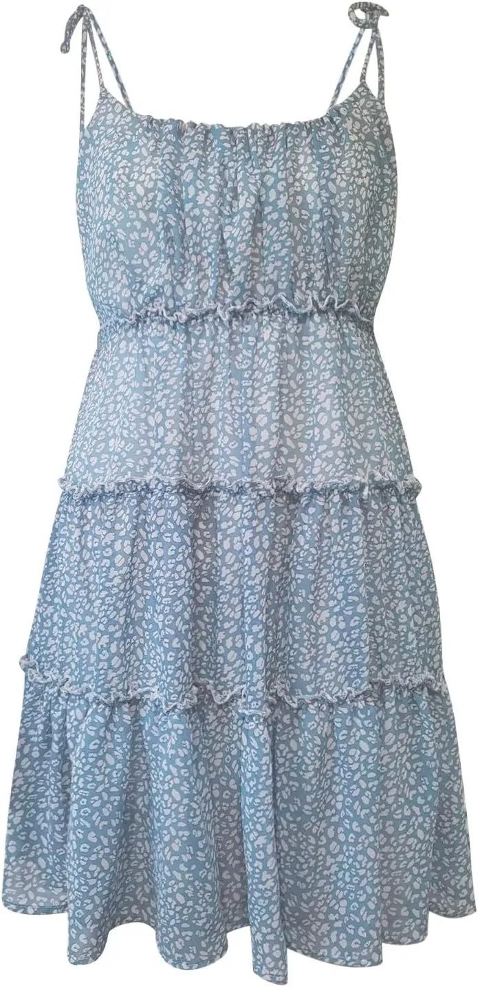 Floral Sun Dresses for Women 2025 Summer Ruffle Tiered Flowy Mini Dress Sleeveless Spaghetti Straps Boho Beach Dress