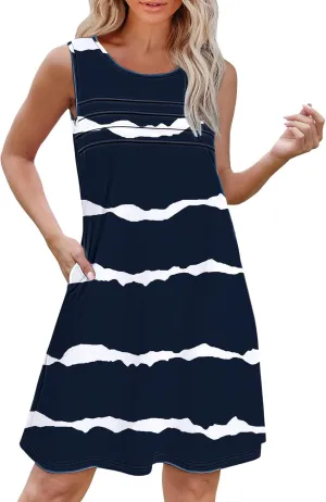 Flowy Summer Dresses for Women Womens with Pockets Summer Casual Tank Dress Sleeveless Midi Beach Dress Linen