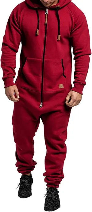 FOMOYUU Men Hooded Jumpsuit Fleece Lined Long Sleeve Zip-up Pajamas Sleepwear Loungewear Jogger Sweatsuit Romper