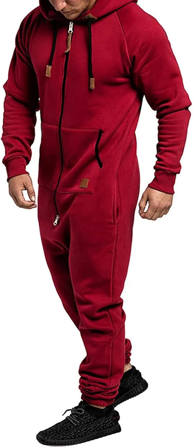 FOMOYUU Men Hooded Jumpsuit Fleece Lined Long Sleeve Zip-up Pajamas Sleepwear Loungewear Jogger Sweatsuit Romper