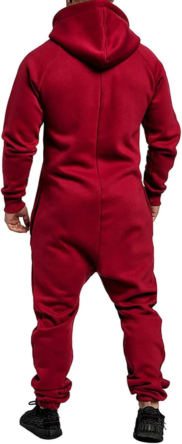 FOMOYUU Men Hooded Jumpsuit Fleece Lined Long Sleeve Zip-up Pajamas Sleepwear Loungewear Jogger Sweatsuit Romper