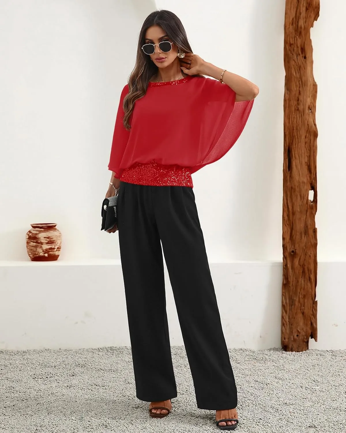For G and PL Women's Summer Chiffon Shirt Sparkle Sequin Crewneck 3/4 Sleeve Dolman Top Blouses
