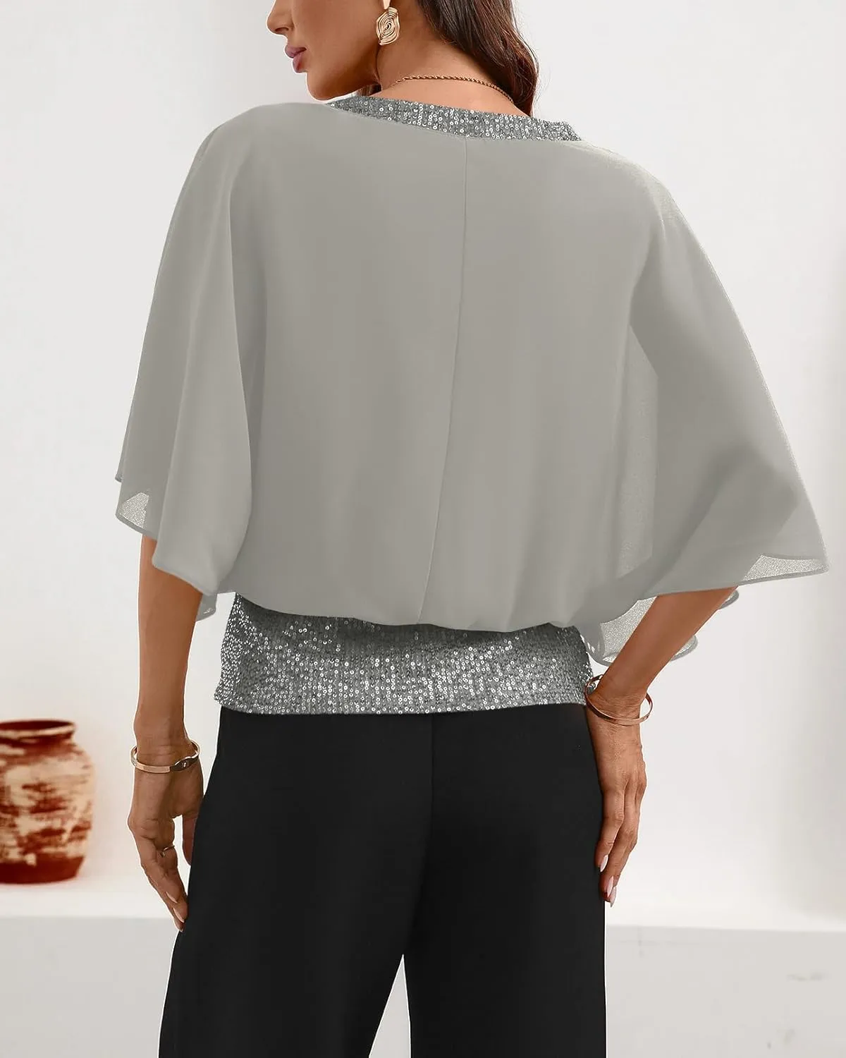 For G and PL Women's Summer Chiffon Shirt Sparkle Sequin Crewneck 3/4 Sleeve Dolman Top Blouses