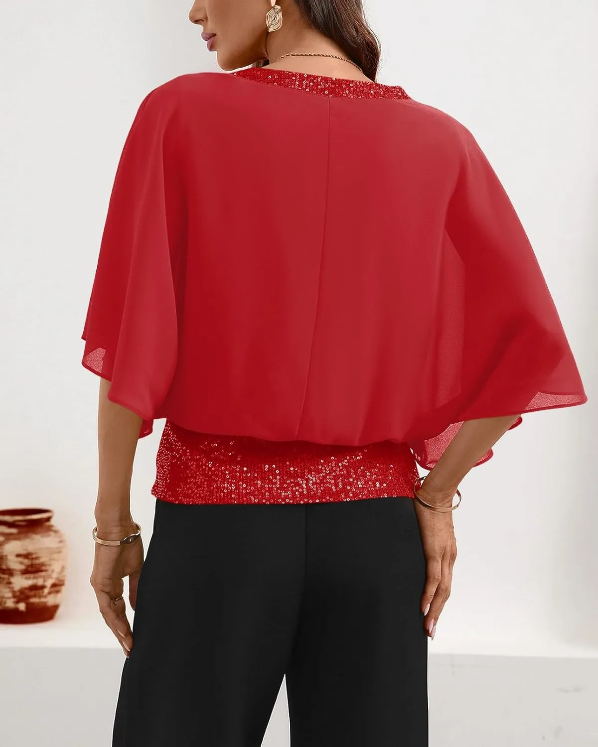 For G and PL Women's Summer Chiffon Shirt Sparkle Sequin Crewneck 3/4 Sleeve Dolman Top Blouses