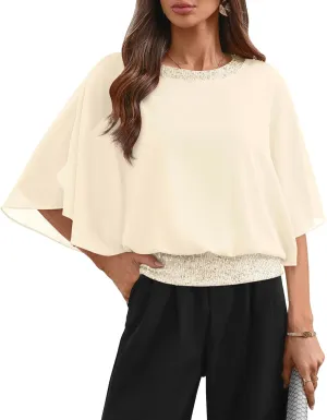 For G and PL Women's Summer Chiffon Shirt Sparkle Sequin Crewneck 3/4 Sleeve Dolman Top Blouses