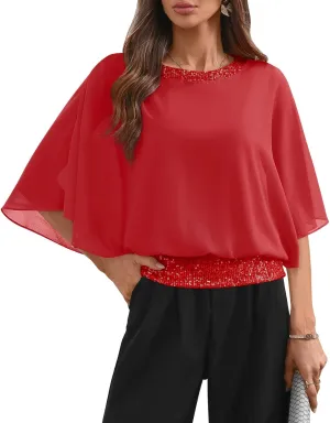 For G and PL Women's Summer Chiffon Shirt Sparkle Sequin Crewneck 3/4 Sleeve Dolman Top Blouses