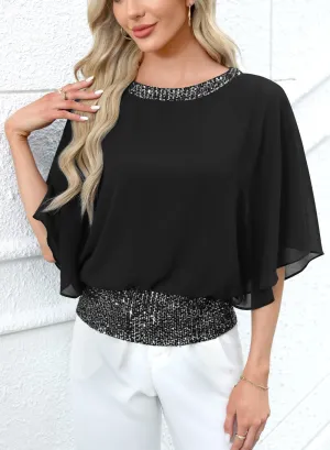 For G and PL Women's Summer Chiffon Shirt Sparkle Sequin Crewneck 3/4 Sleeve Dolman Top Blouses