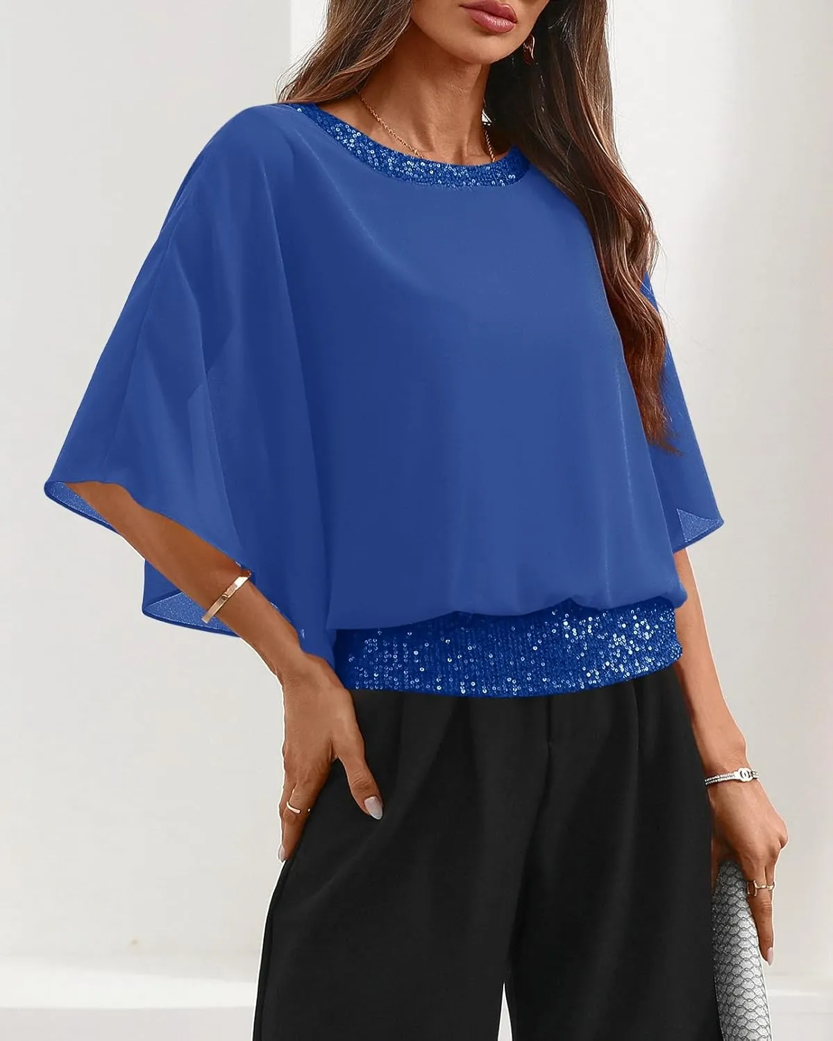 For G and PL Women's Summer Chiffon Shirt Sparkle Sequin Crewneck 3/4 Sleeve Dolman Top Blouses